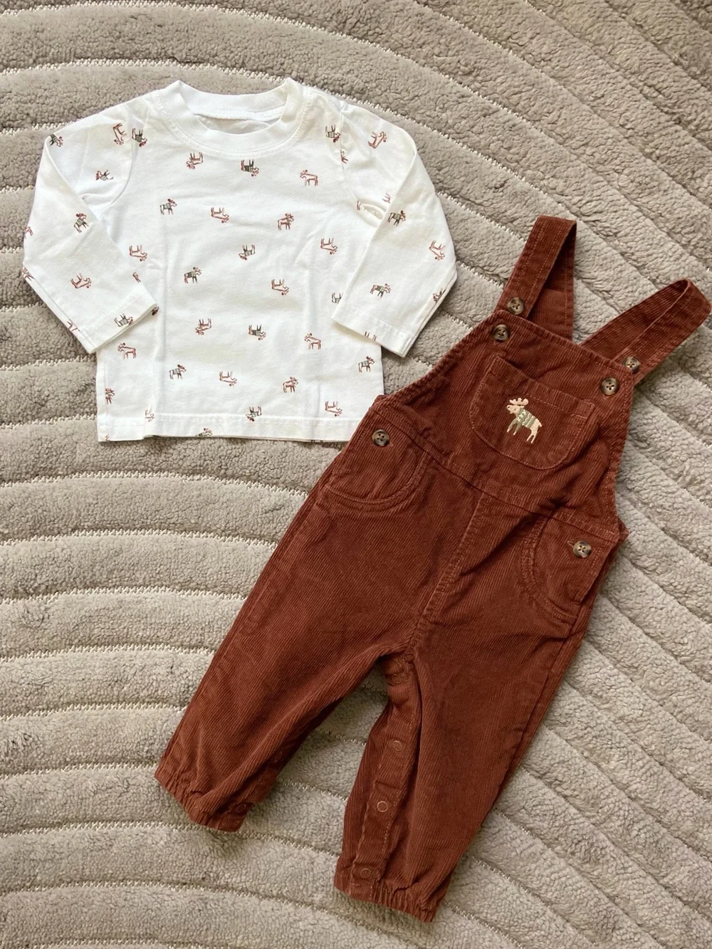 Carter's Rust Corduroy Overalls with White Moose Print Top